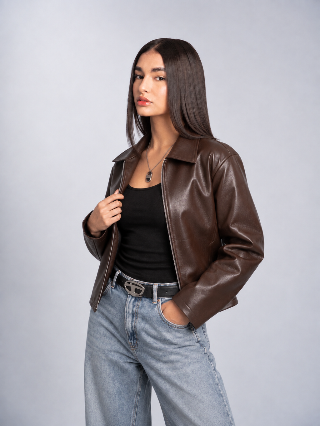 Unisex Brown Boxy Cropped Leather Jacket | Premium Gen-Z Streetwear - Streetbred