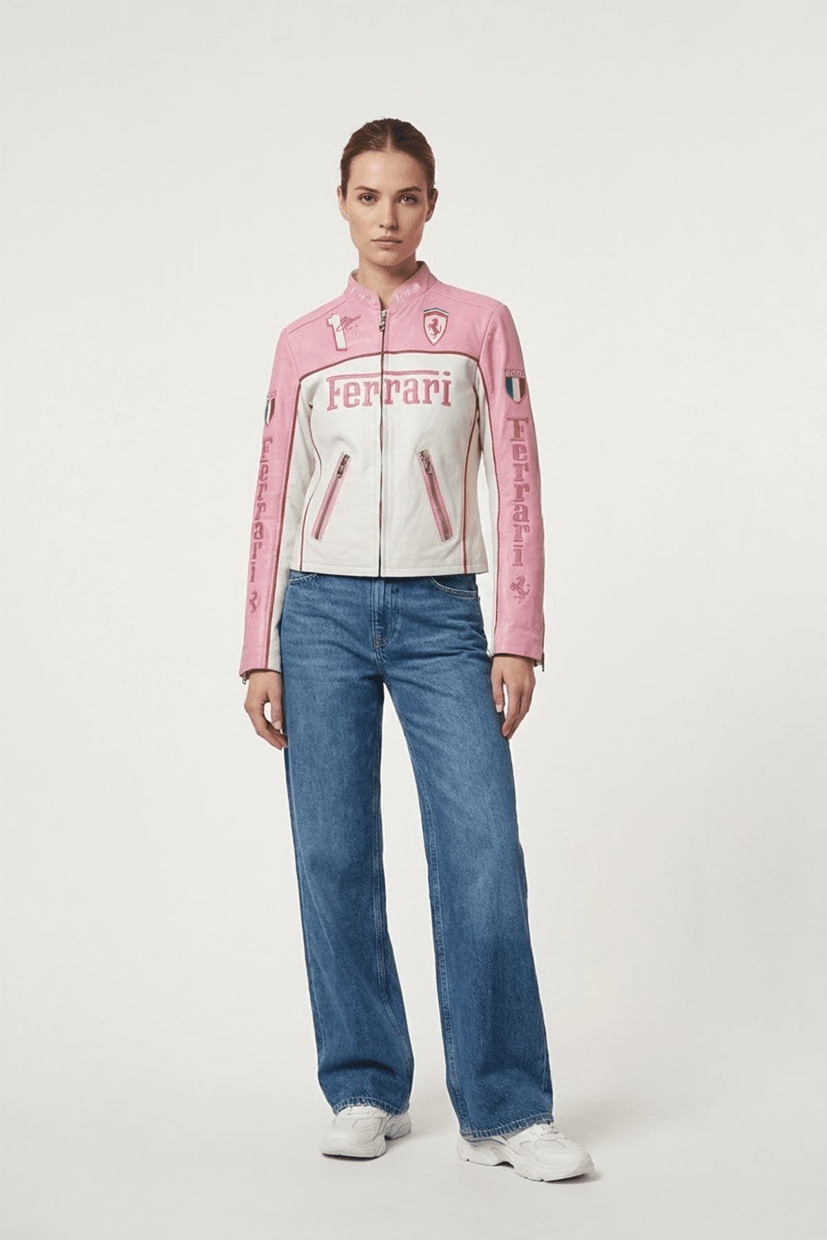 Ferrari F1 Vintage Racing Leather Jacket - Pink & White Edition