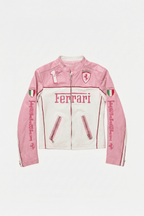 Ferrari F1 Vintage Racing Leather Jacket - Pink & White Edition