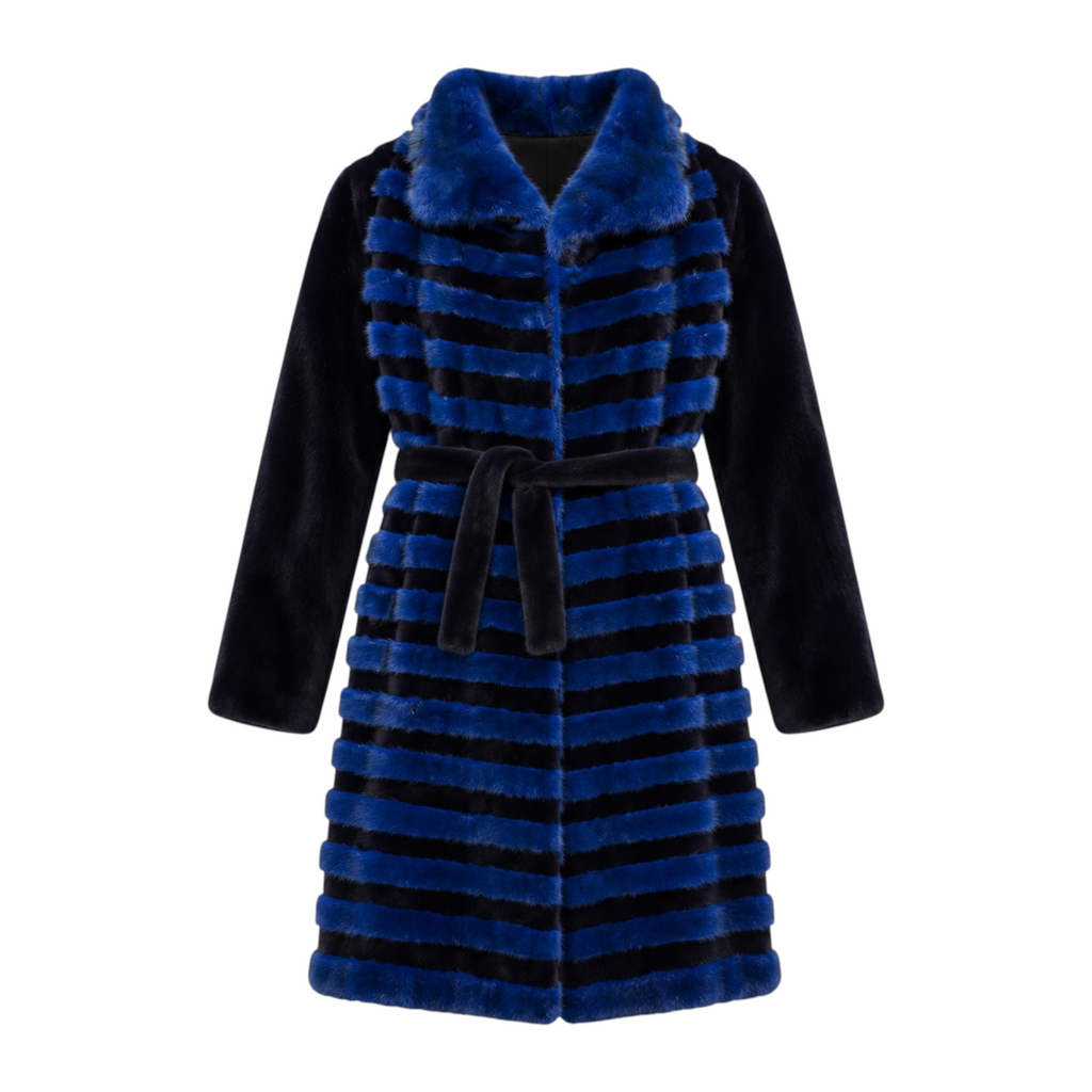 Blue and Black Mink Combo Coat with Blue Collar