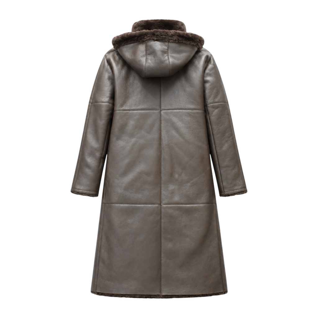 Brown Long Shearling Coat with Hood and Collar