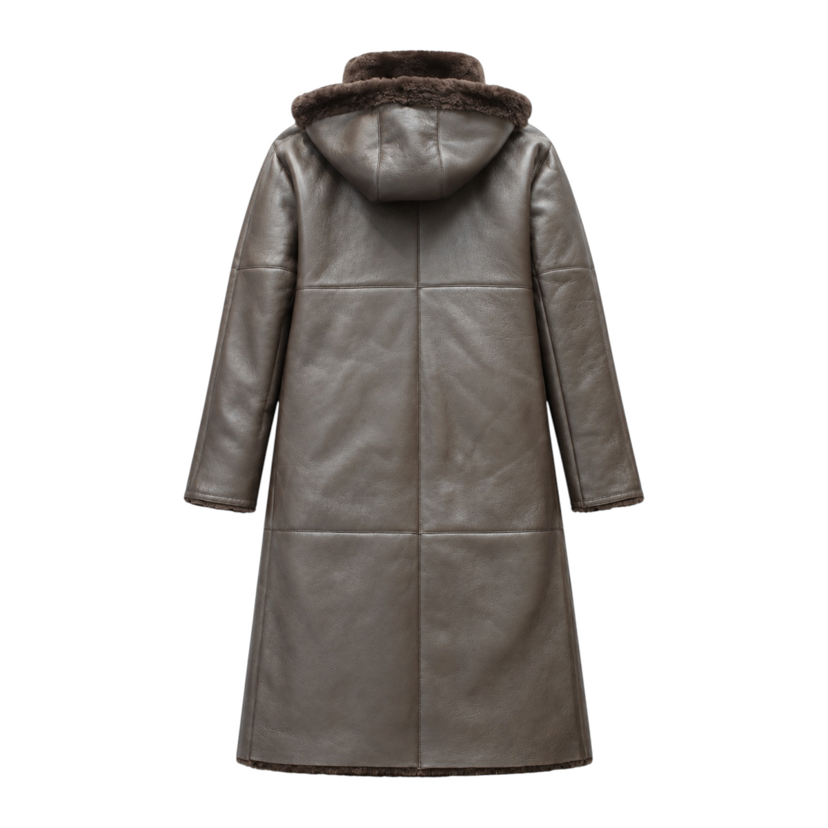 Brown Long Shearling Coat with Hood and Collar