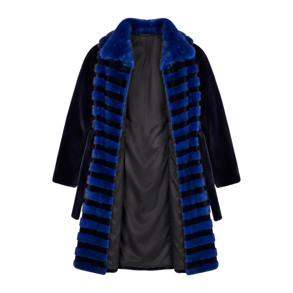 Blue and Black Mink Combo Coat with Blue Collar