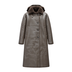 Brown Long Shearling Coat with Hood and Collar