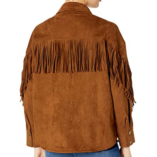 Women's Etta Button Front Collared Jacket with Fringe Sleeves