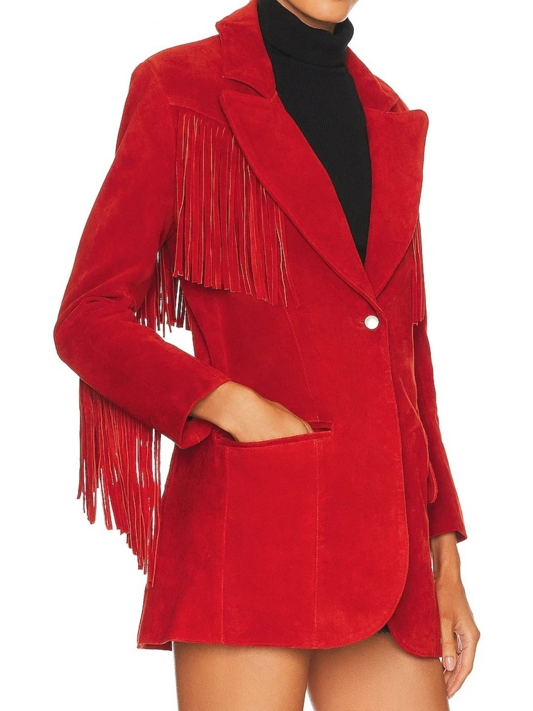 Red Fringe Suede Leather Blazer – Bold & Stylish Statement Jacket