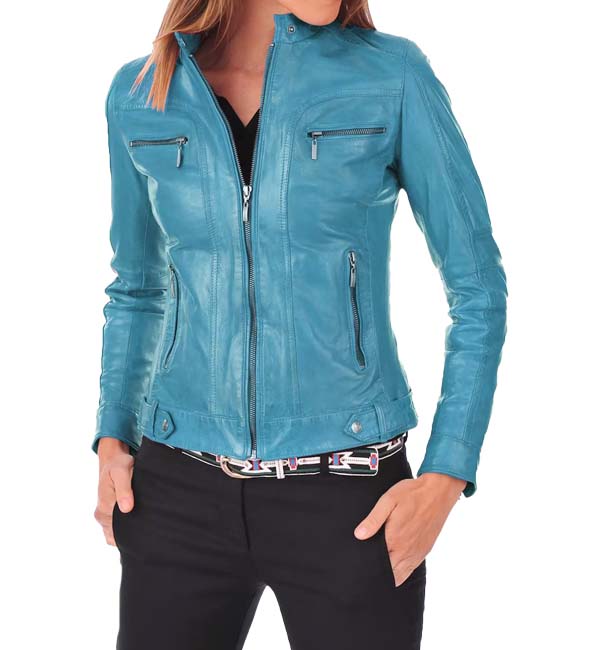 Women's Stylish Motorcycle Biker Genuine Lambskin Leather Jacket for Women Turquoise blue