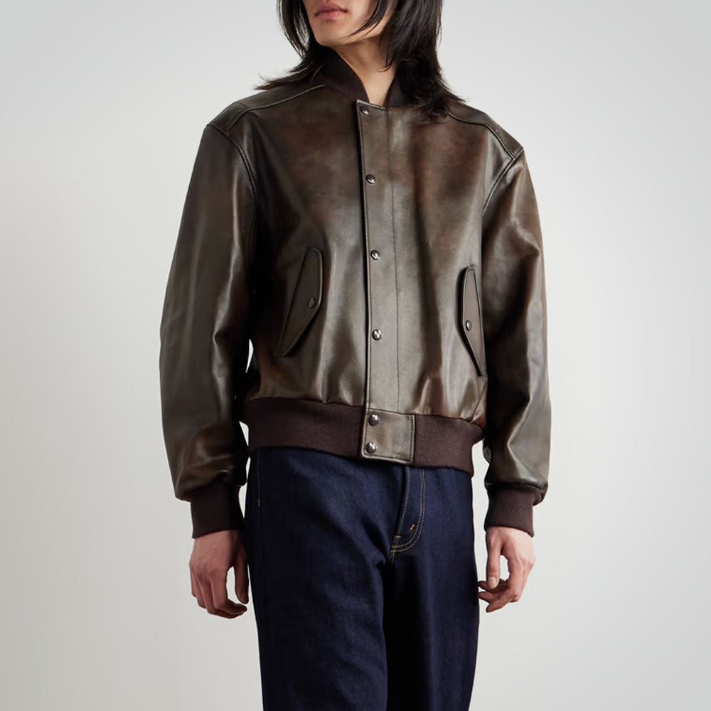 Men's Brown Full Grain A1 Leather Bomber Jacket