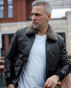 Black Fur Collar Leather Jacket with Embossed Patches