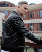Black Fur Collar Leather Jacket with Embossed Patches