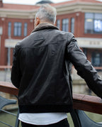 Black Fur Collar Leather Jacket with Embossed Patches