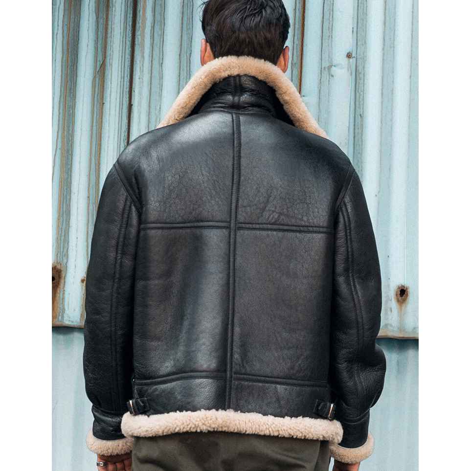 Men B3 Bomber RAF Aviator Pilot Shearling Sheepskin Leather Motorcycle Jacket