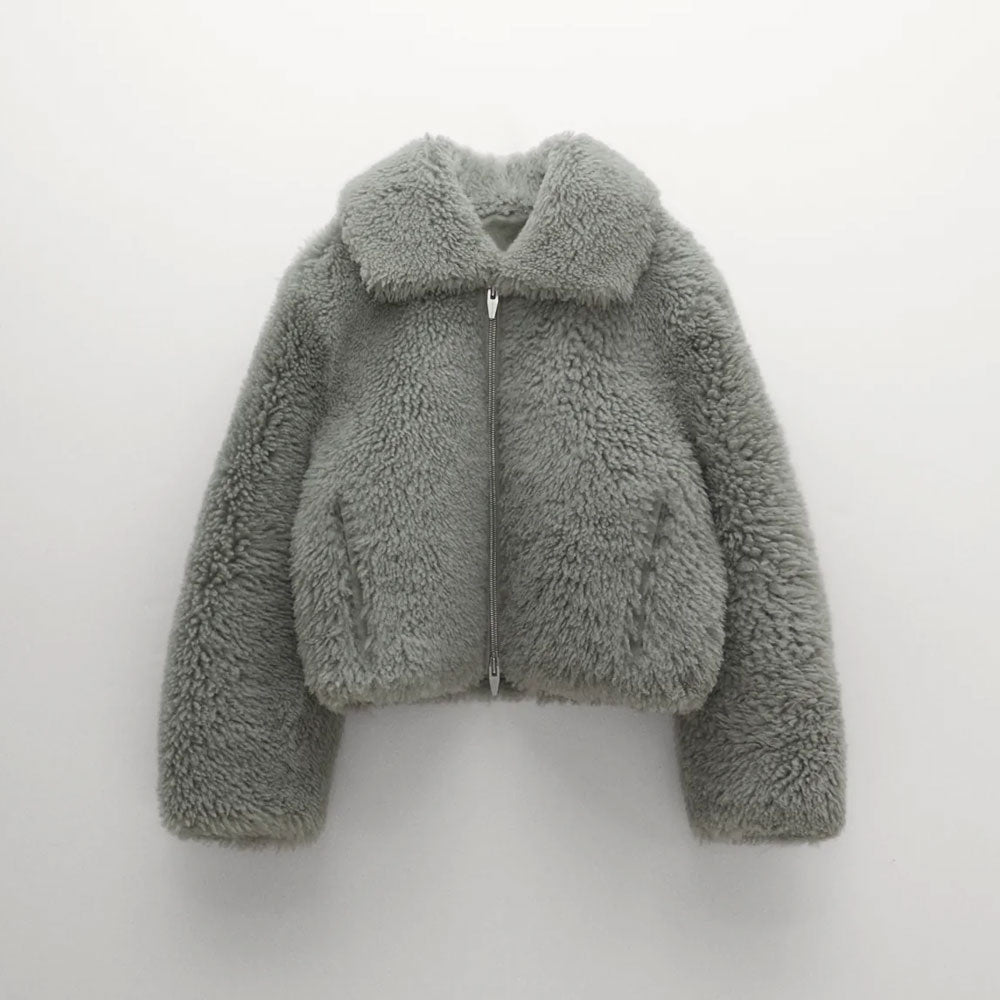 Grey Womens Winter Shearling Short Fox Fur Jacket