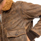 Men Brown Pilot Military G-1 Airforce Fur Collar Bomber Leather Jacket