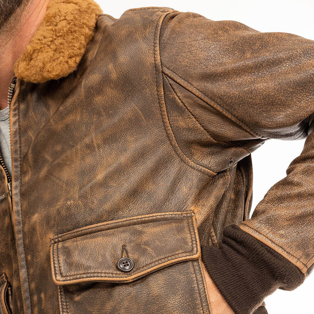 Men Brown Pilot Military G-1 Airforce Fur Collar Bomber Leather Jacket