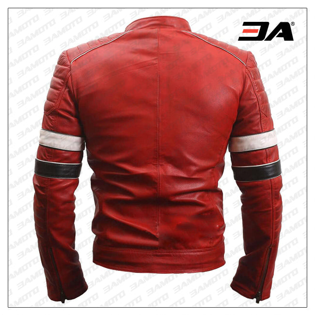 Genuine Striped Red Leather Moto Jacket Mens