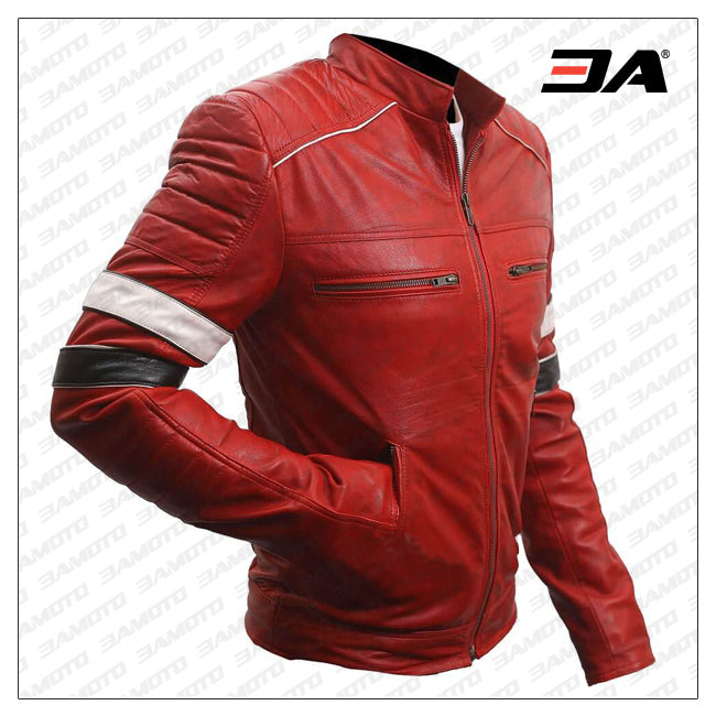 Genuine Striped Red Leather Moto Jacket Mens