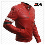 Genuine Striped Red Leather Moto Jacket Mens