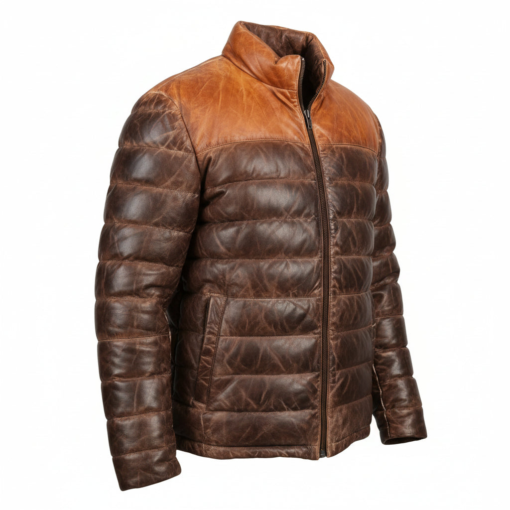 Men’s Dual Tone Brown Leather Puffer Down Jacket