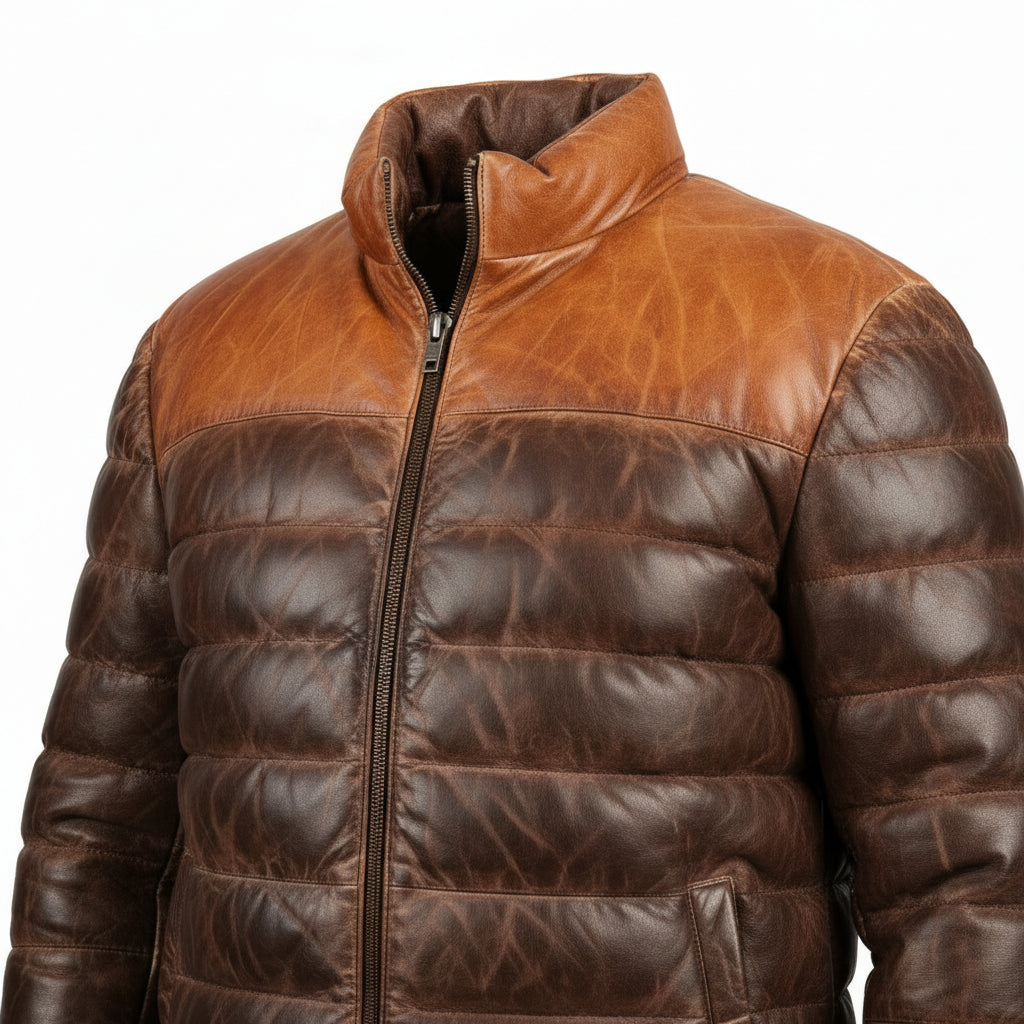 Men’s Dual Tone Brown Leather Puffer Down Jacket