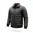 Men's Bomber Style Leather Jacket with Fur Collar - Vintage Aviator Look