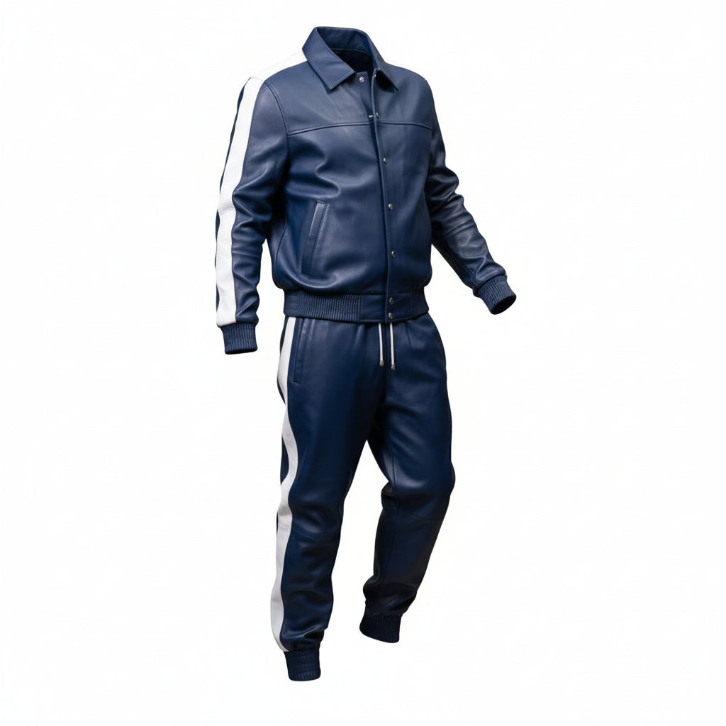 Men's Blue Leather Track Suit jogging Sweatsuit