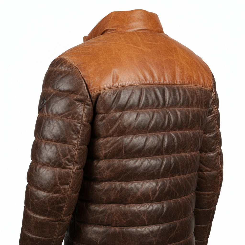 Men’s Dual Tone Brown Leather Puffer Down Jacket