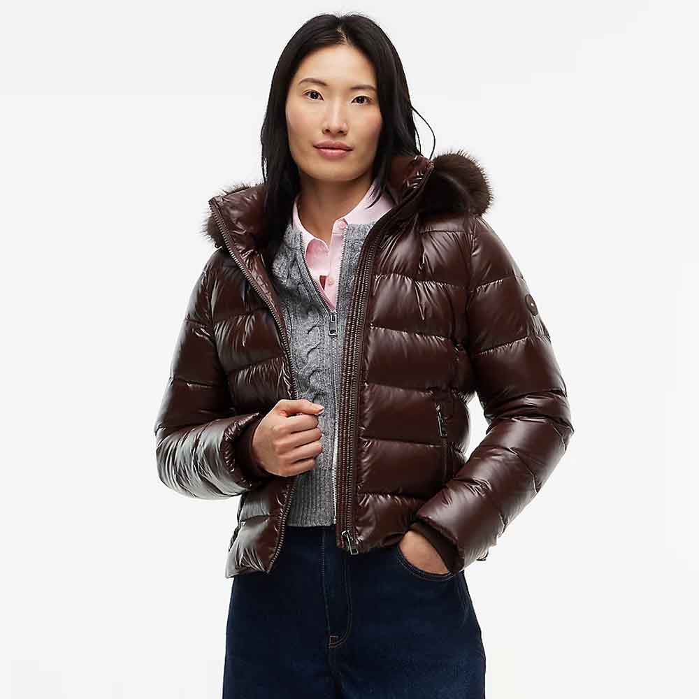 Glossy Puffer Jacket in Brown