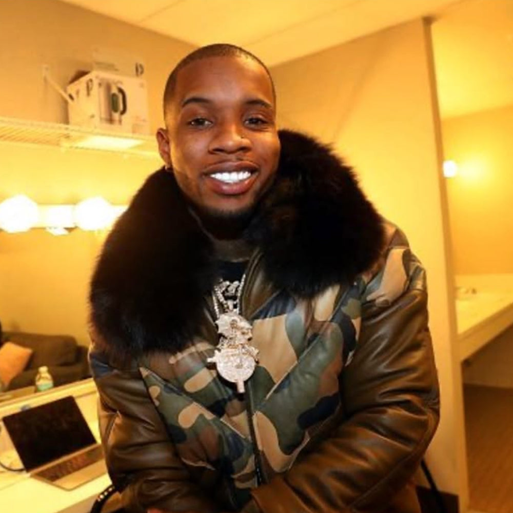 Goose Country Camo Leather V-Bomber Jacket with Fox Fur