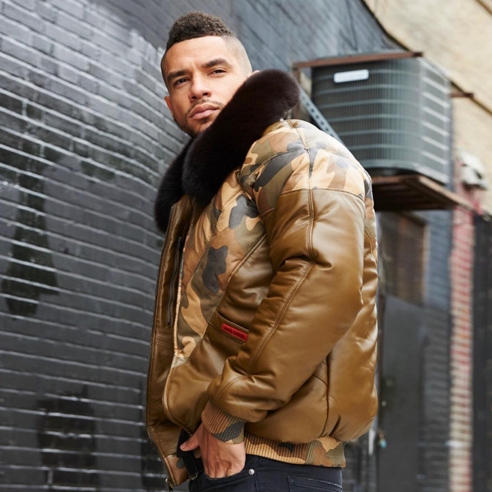 Goose Country Camo Leather V-Bomber Jacket with Fox Fur