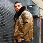 Goose Country Camo Leather V-Bomber Jacket with Fox Fur
