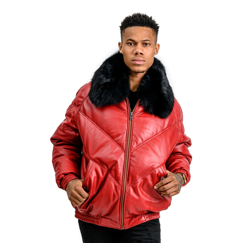 Goose Country Red Leather V-Bomber Jacket | Fox Fur Down Puffer