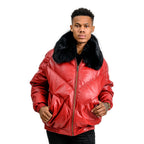 Goose Country Red Leather V-Bomber Jacket | Fox Fur Down Puffer