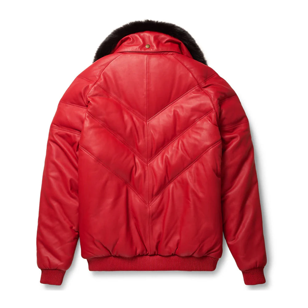 Goose Country Red Leather V-Bomber Jacket | Fox Fur Down Puffer