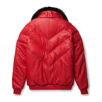 Goose Country Red Leather V-Bomber Jacket | Fox Fur Down Puffer