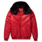 Goose Country Red Leather V-Bomber Jacket | Fox Fur Down Puffer