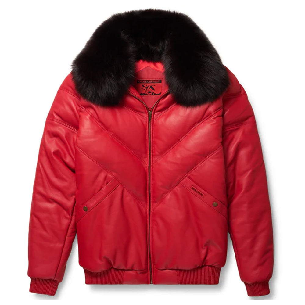 Goose Country Red Leather V-Bomber Jacket | Fox Fur Down Puffer