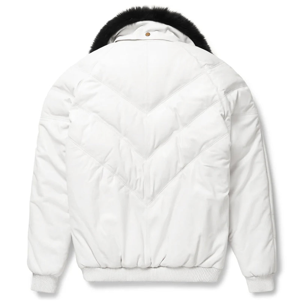 Goose Country Men's White Leather V-Bomber Jacket | Vintage Lambskin Down Puffer Coat