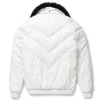 Goose Country Men's White Leather V-Bomber Jacket | Vintage Lambskin Down Puffer Coat