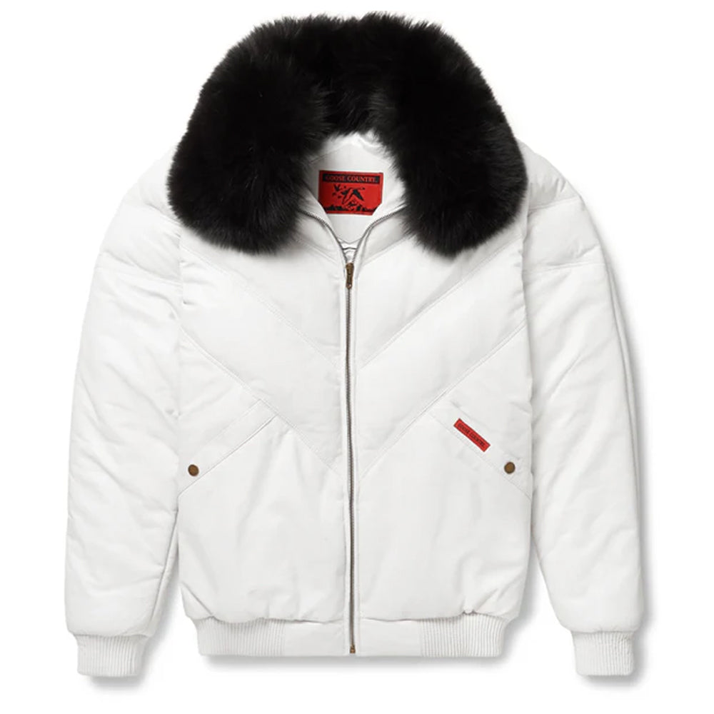 Goose Country Men's White Leather V-Bomber Jacket | Vintage Lambskin Down Puffer Coat