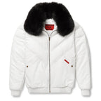 Goose Country Men's White Leather V-Bomber Jacket | Vintage Lambskin Down Puffer Coat
