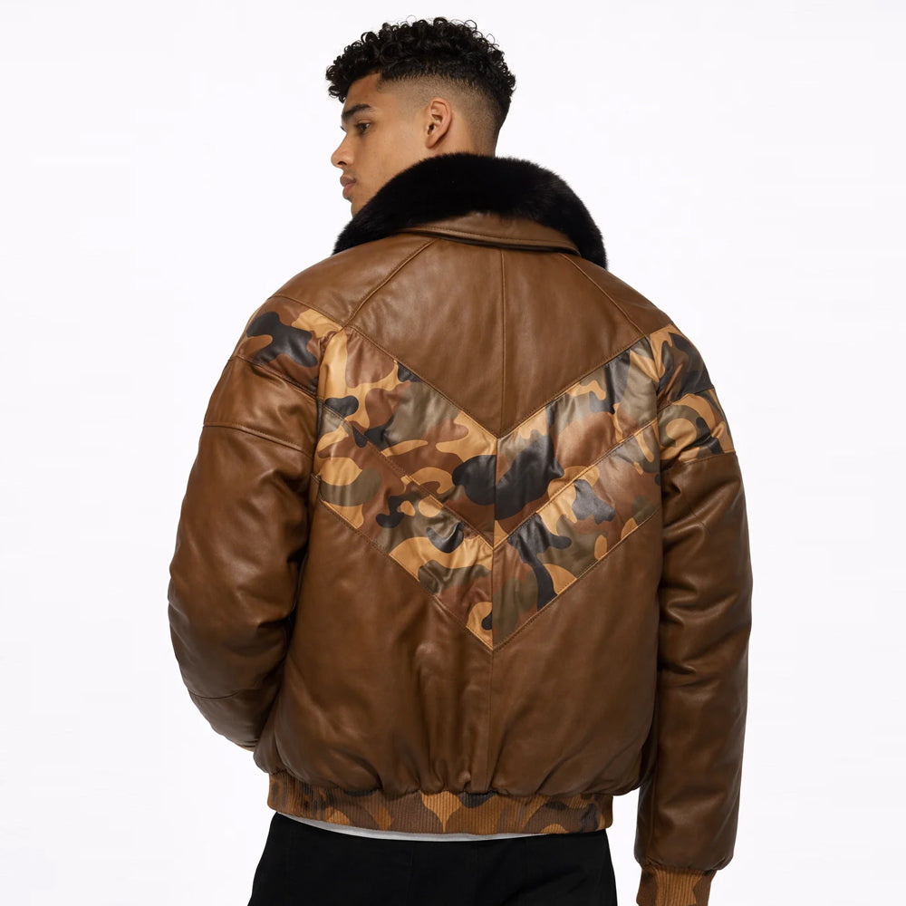 Goose Country Camo Leather V-Bomber Jacket with Fox Fur