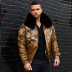 Goose Country Camo Leather V-Bomber Jacket with Fox Fur
