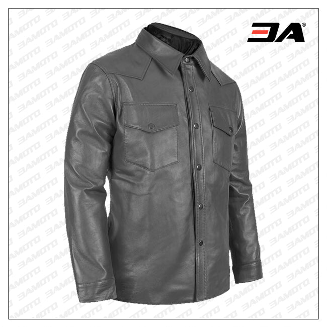Gray Leather Shirt Jacket