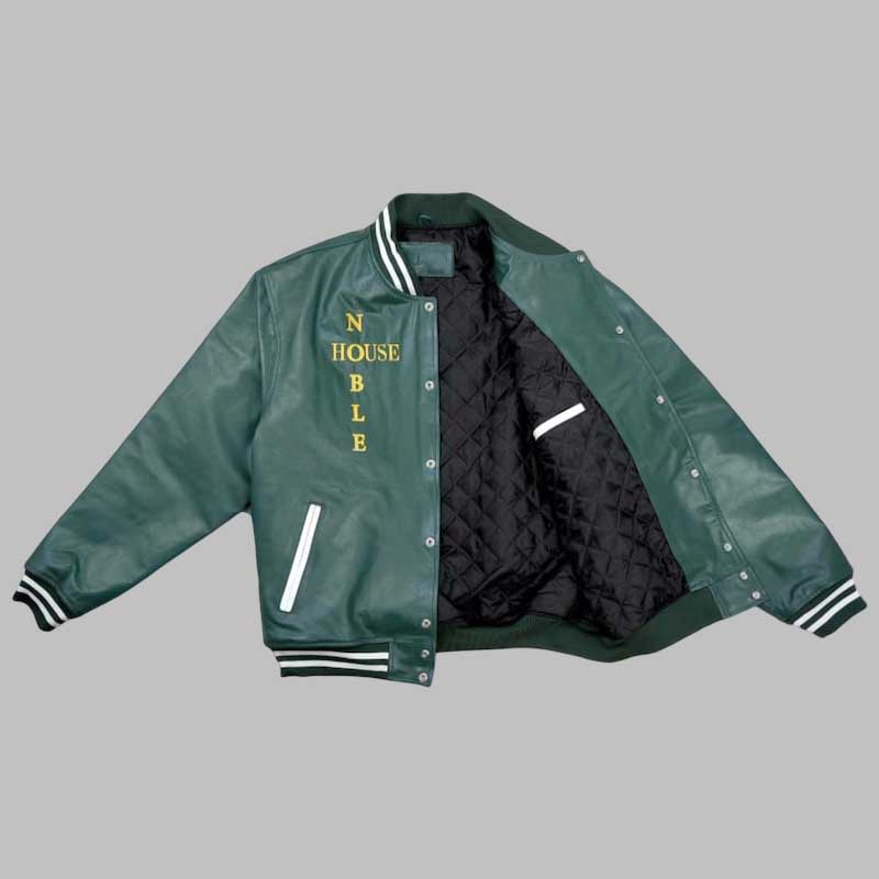 Mens Green Leather Varsity Bomber Jacket