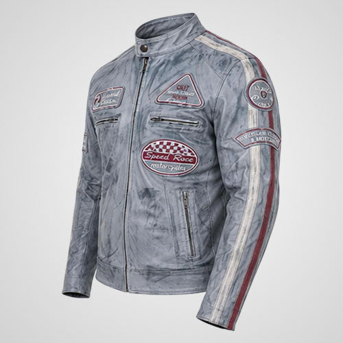 Men’s Grey Distressed Leather Racing Jacket | Vintage Motorcycle Moto Biker Coat