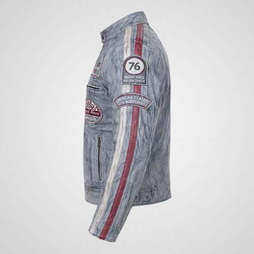 Men’s Grey Distressed Leather Racing Jacket | Vintage Motorcycle Moto Biker Coat