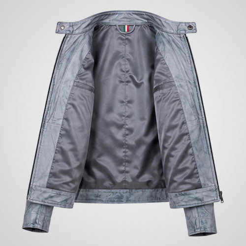 Men’s Grey Distressed Leather Racing Jacket | Vintage Motorcycle Moto Biker Coat