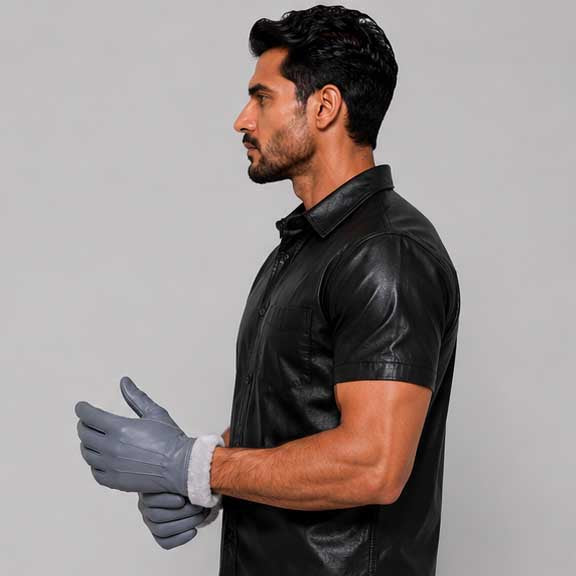 Premium Grey Leather Fur Lined Winter Glove