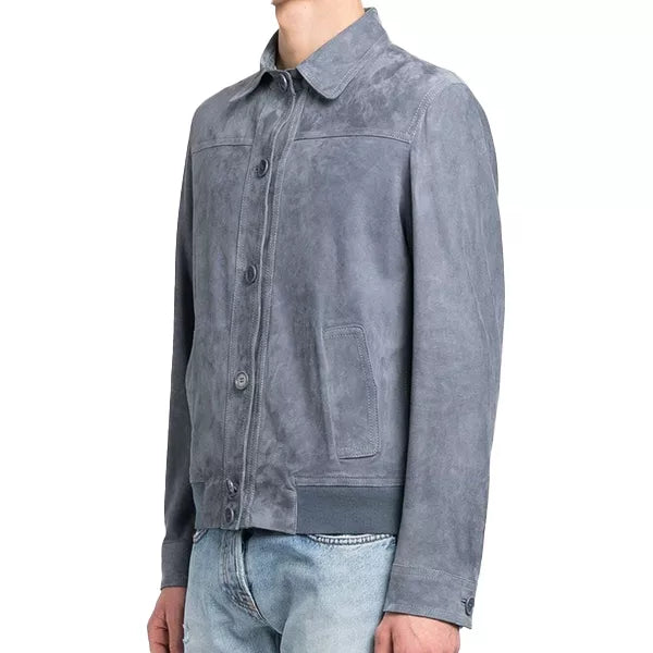 Mens Grey Suede Bomber Jacket